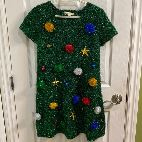 Christmas Tree Party Holiday Dress Tunic Jingle Bell Pompom Star Sparkle Medium - Picture 1 of 8